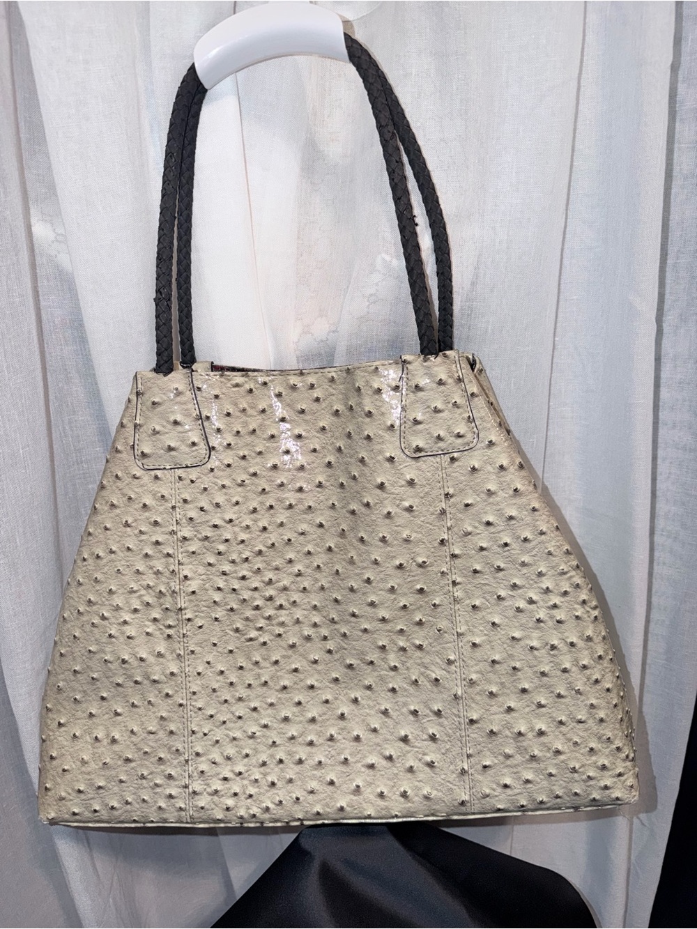 Big Buddha Cream Textured Tote with Braided Black Handles
